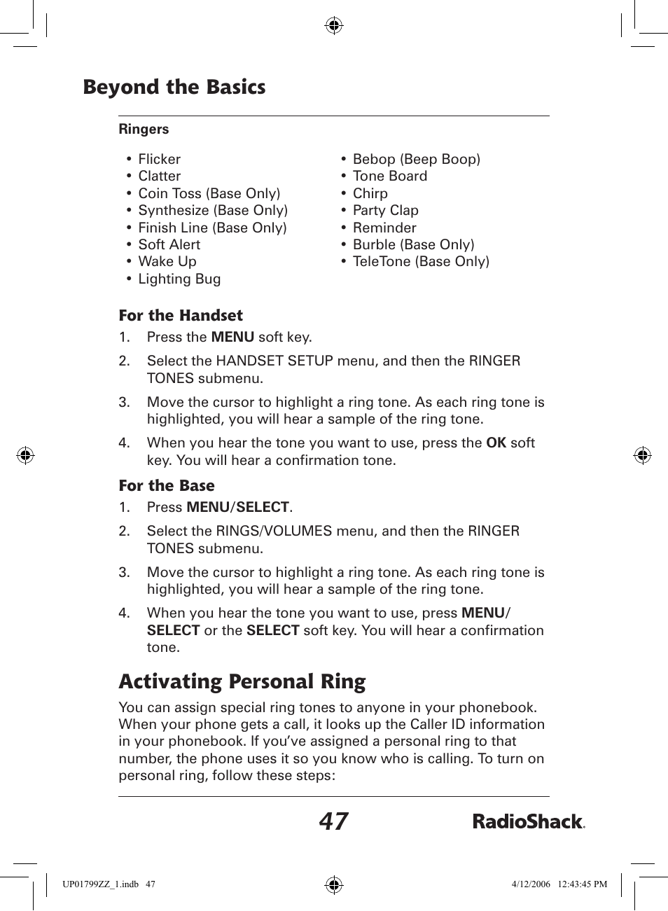 Beyond the basics, Activating personal ring | Radio Shack 43-5862 User Manual | Page 47 / 96