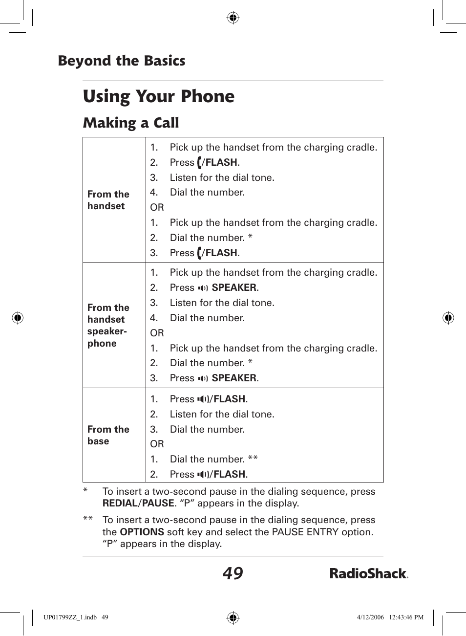 Using your phone, Beyond the basics, Making a call | Radio Shack 43-5862 User Manual | Page 49 / 96