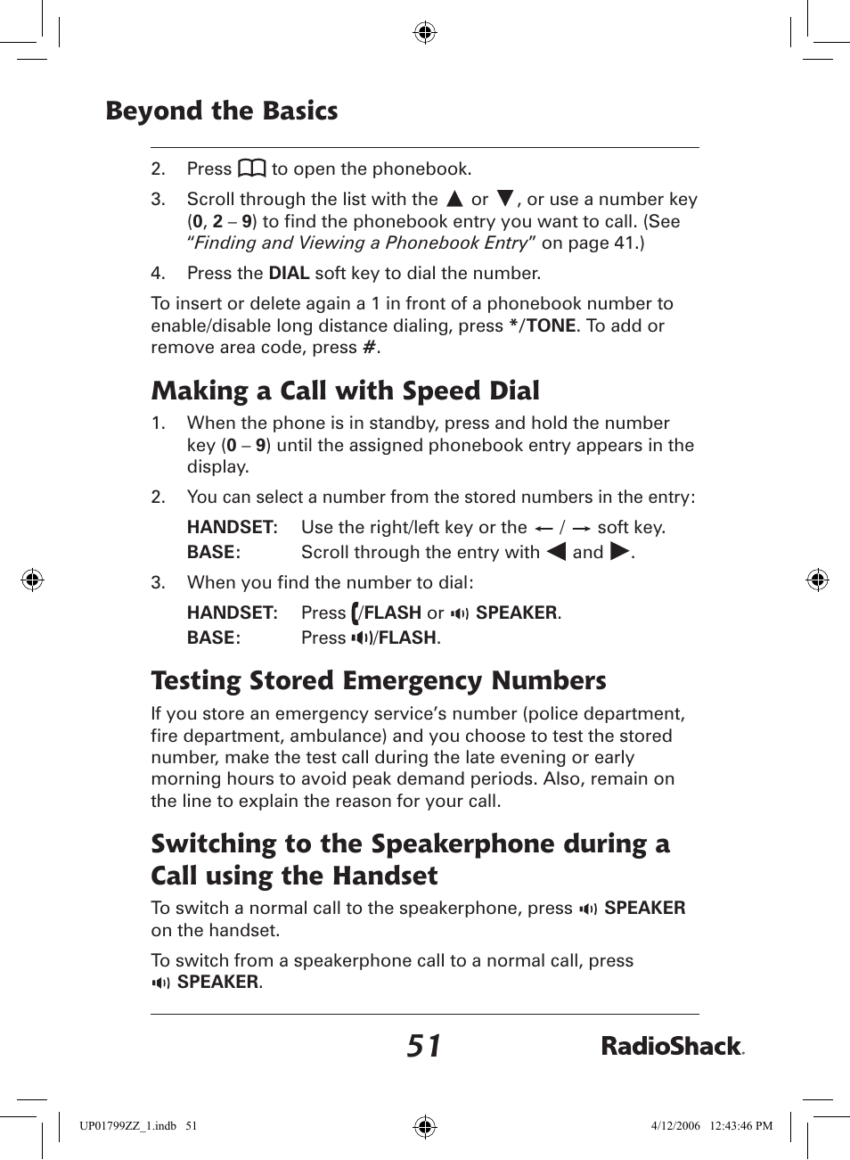 Beyond the basics, Making a call with speed dial, Testing stored emergency numbers | Radio Shack 43-5862 User Manual | Page 51 / 96