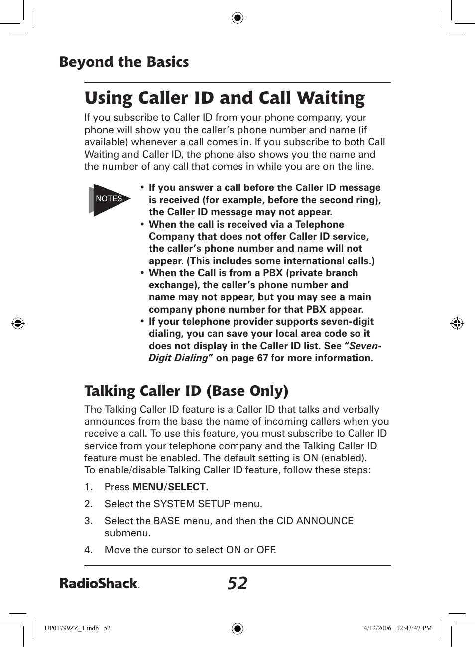 Using caller id and call waiting, Beyond the basics, Talking caller id (base only) | Radio Shack 43-5862 User Manual | Page 52 / 96