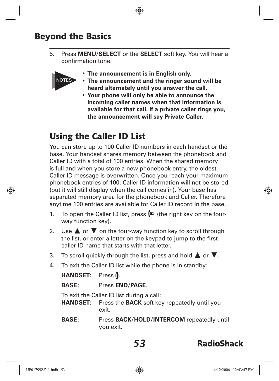 Beyond the basics, Using the caller id list | Radio Shack 43-5862 User Manual | Page 53 / 96