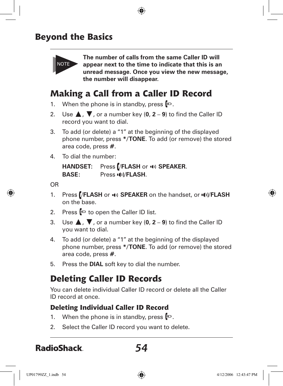 Beyond the basics, Making a call from a caller id record, Deleting caller id records | Radio Shack 43-5862 User Manual | Page 54 / 96