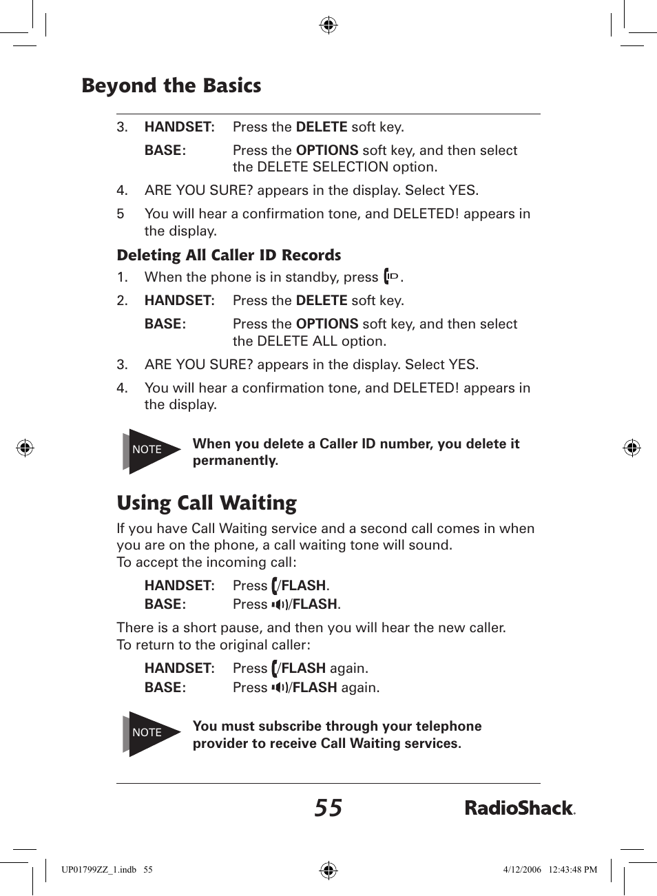 Beyond the basics, Using call waiting | Radio Shack 43-5862 User Manual | Page 55 / 96