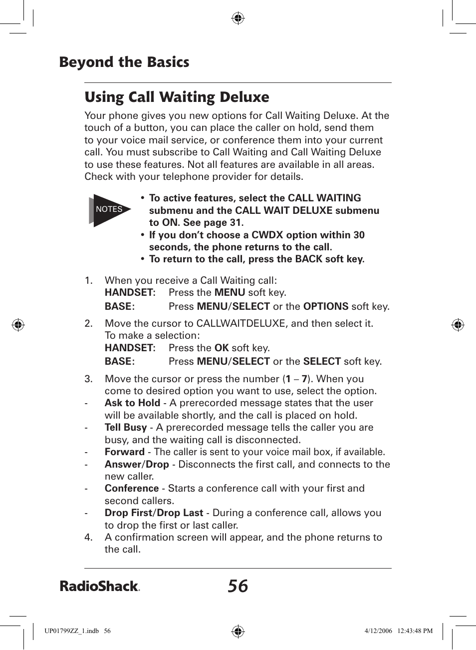 Beyond the basics, Using call waiting deluxe | Radio Shack 43-5862 User Manual | Page 56 / 96