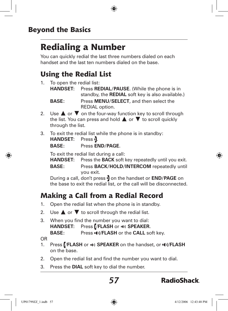 Redialing a number, Beyond the basics, Using the redial list | Making a call from a redial record | Radio Shack 43-5862 User Manual | Page 57 / 96