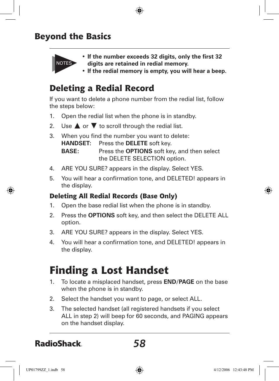 Finding a lost handset, Beyond the basics, Deleting a redial record | Radio Shack 43-5862 User Manual | Page 58 / 96