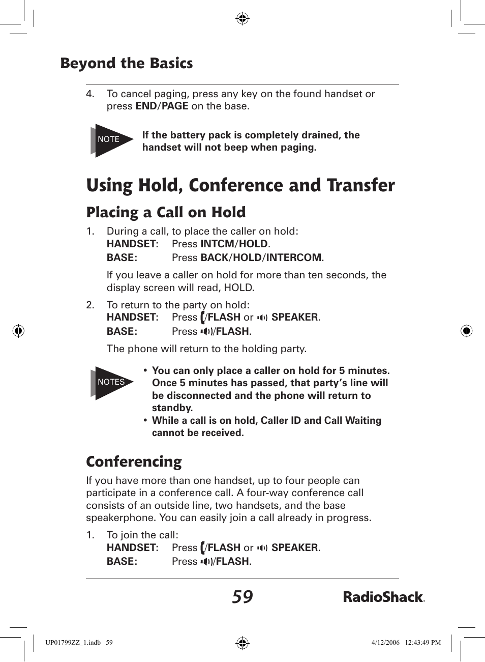 Using hold, conference and transfer, Beyond the basics, Placing a call on hold | Conferencing | Radio Shack 43-5862 User Manual | Page 59 / 96