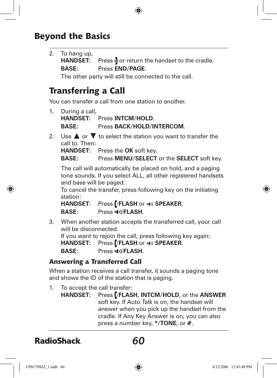 Beyond the basics, Transferring a call | Radio Shack 43-5862 User Manual | Page 60 / 96