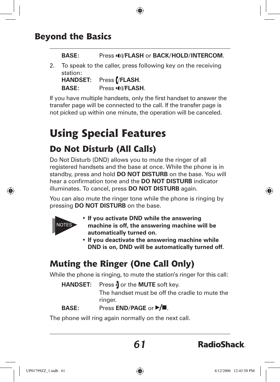 Using special features, Beyond the basics, Do not disturb (all calls) | Muting the ringer (one call only) | Radio Shack 43-5862 User Manual | Page 61 / 96