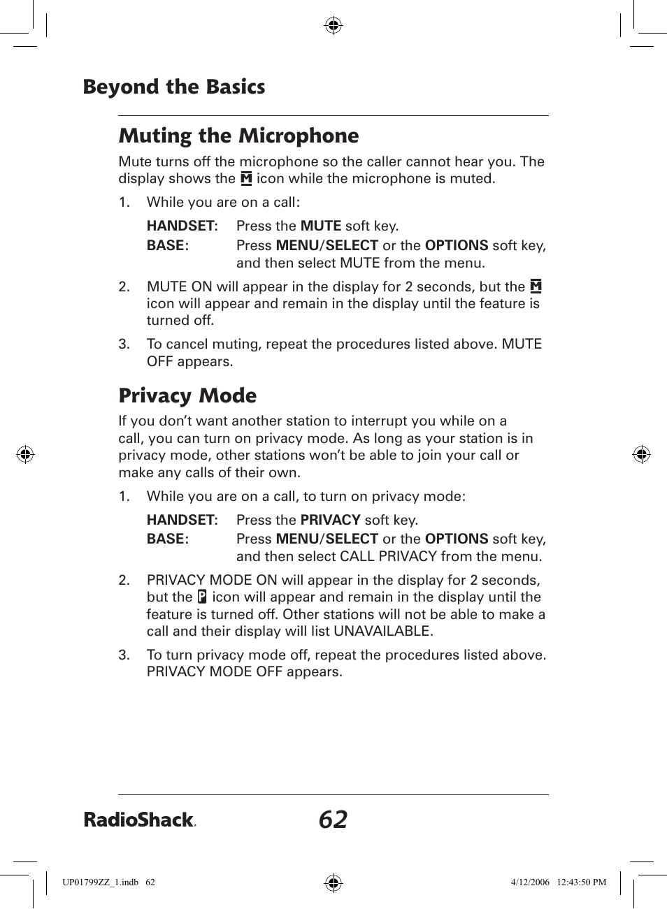 Beyond the basics, Muting the microphone, Privacy mode | Radio Shack 43-5862 User Manual | Page 62 / 96