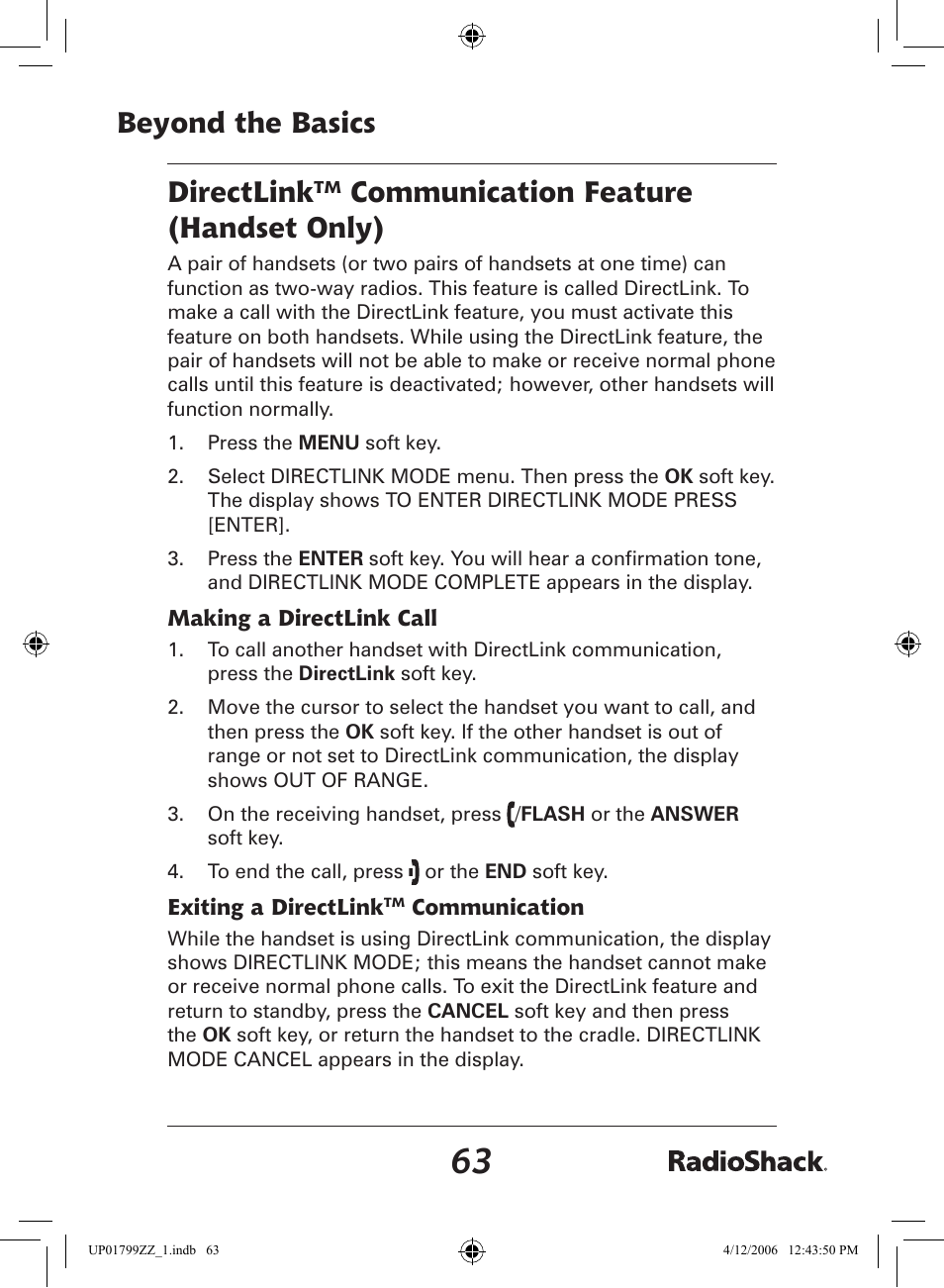 Beyond the basics directlink, Communication feature (handset only) | Radio Shack 43-5862 User Manual | Page 63 / 96