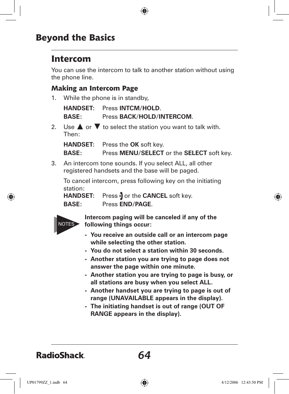 Beyond the basics, Intercom | Radio Shack 43-5862 User Manual | Page 64 / 96