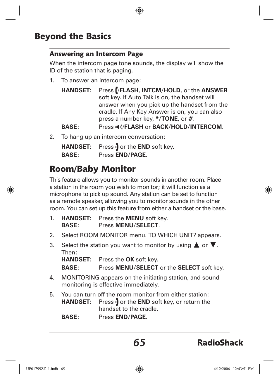 Beyond the basics, Room/baby monitor | Radio Shack 43-5862 User Manual | Page 65 / 96