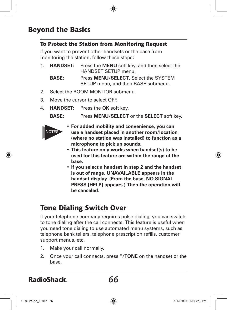 Beyond the basics, Tone dialing switch over | Radio Shack 43-5862 User Manual | Page 66 / 96