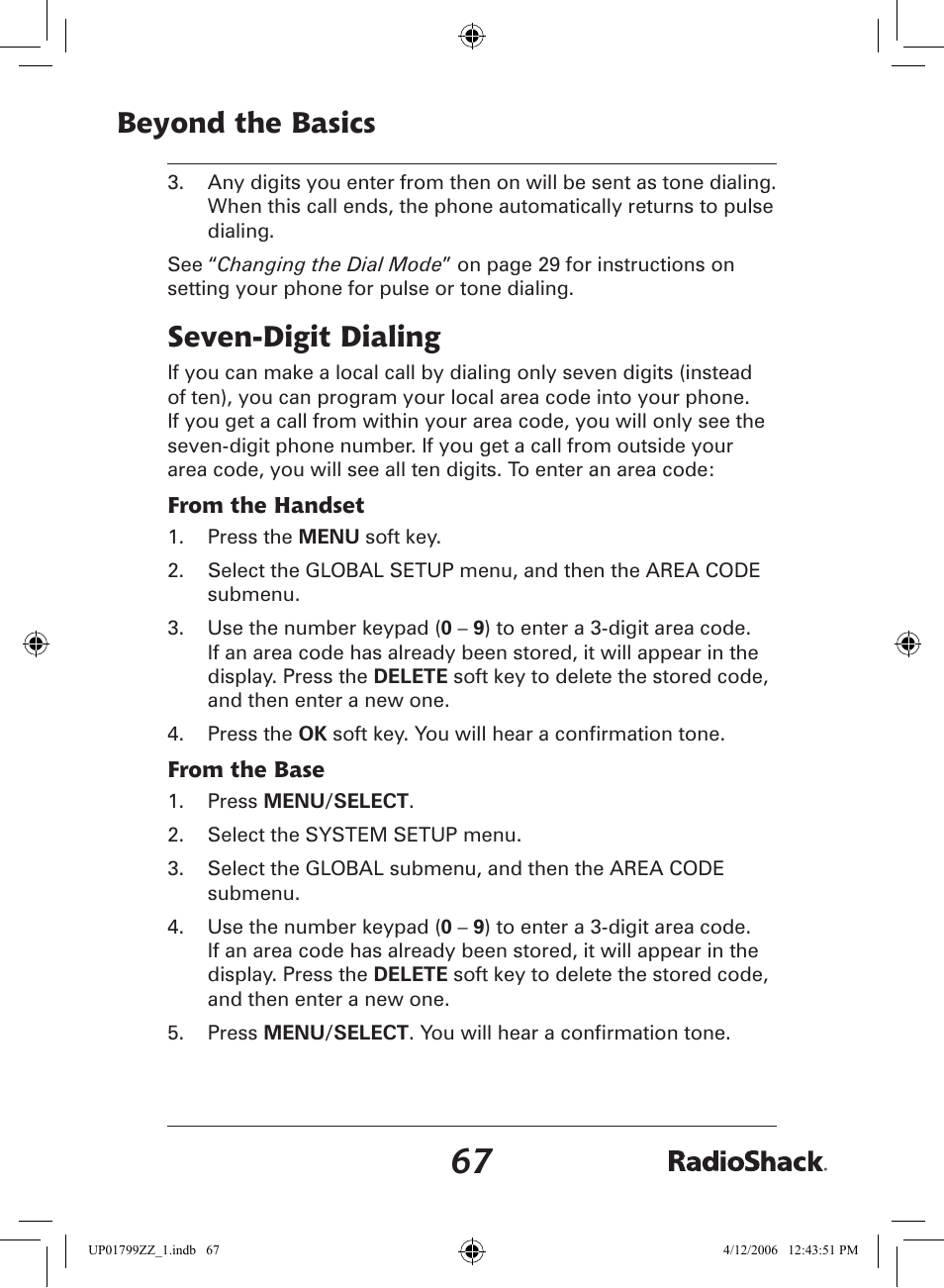 Beyond the basics, Seven-digit dialing | Radio Shack 43-5862 User Manual | Page 67 / 96