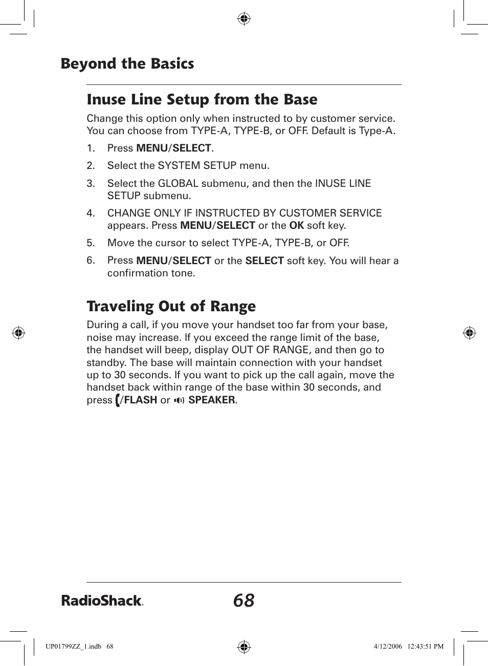 Beyond the basics, Inuse line setup from the base, Traveling out of range | Radio Shack 43-5862 User Manual | Page 68 / 96