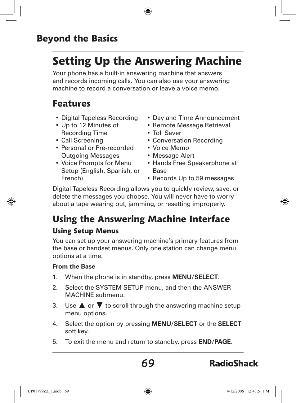 Setting up the answering machine, Beyond the basics, Features | Using the answering machine interface | Radio Shack 43-5862 User Manual | Page 69 / 96