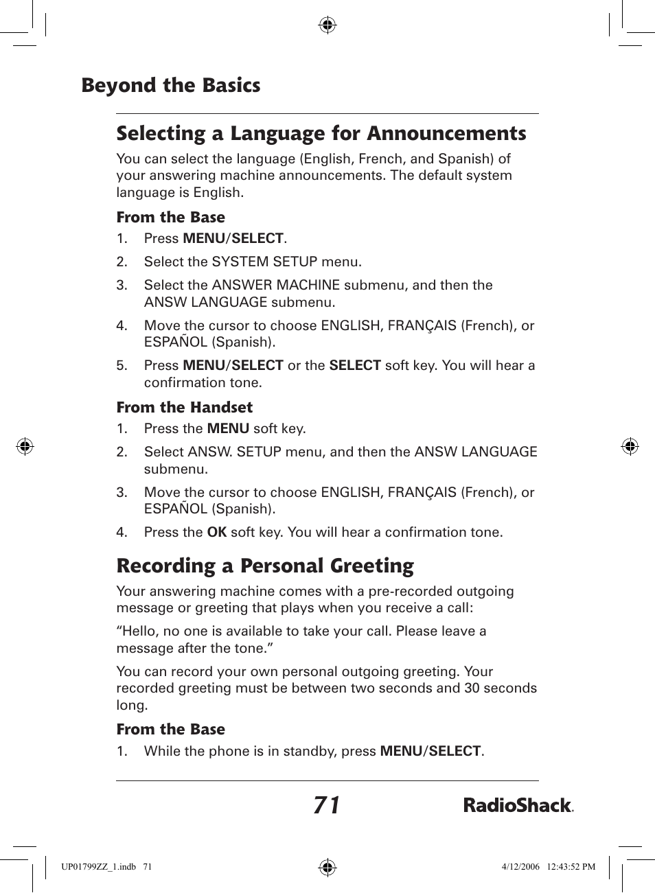 Recording a personal greeting | Radio Shack 43-5862 User Manual | Page 71 / 96