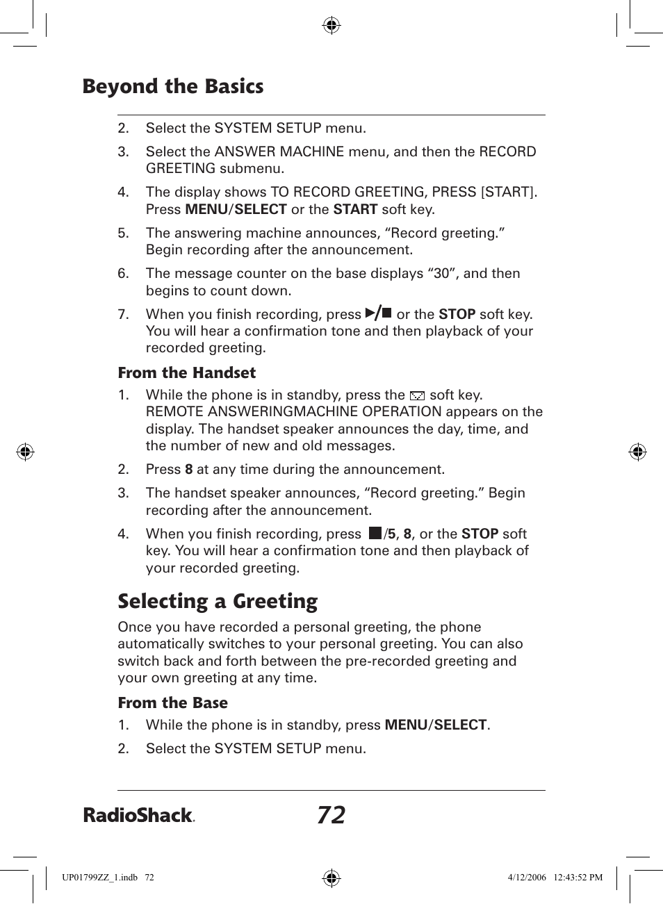 Beyond the basics, Selecting a greeting | Radio Shack 43-5862 User Manual | Page 72 / 96