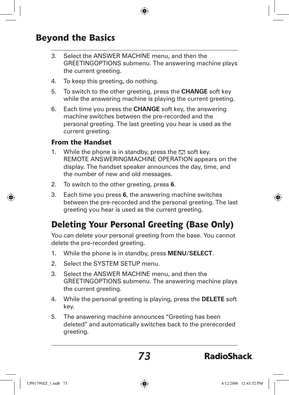 Beyond the basics, Deleting your personal greeting (base only) | Radio Shack 43-5862 User Manual | Page 73 / 96