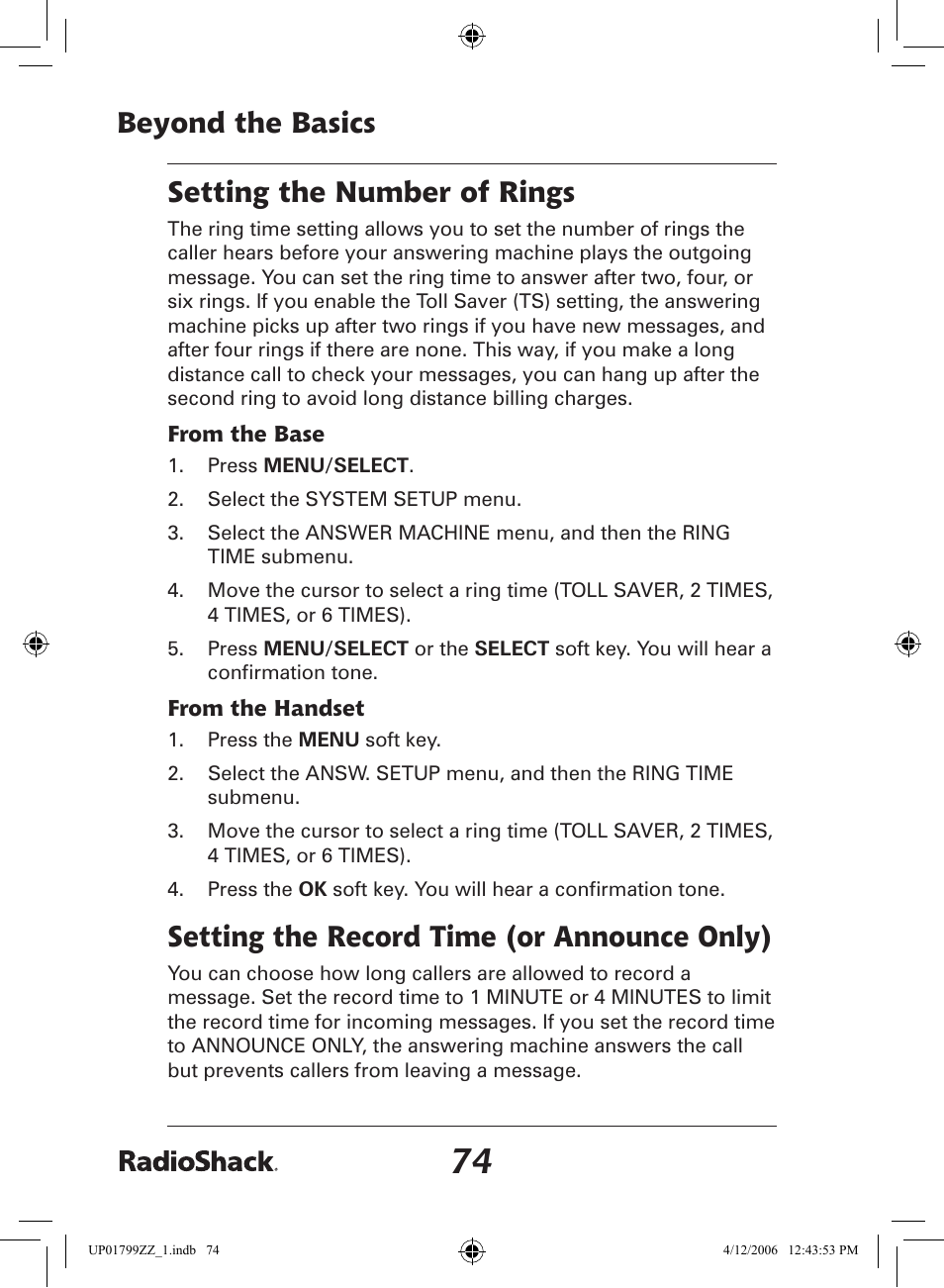 Beyond the basics, Setting the number of rings, Setting the record time (or announce only) | Radio Shack 43-5862 User Manual | Page 74 / 96