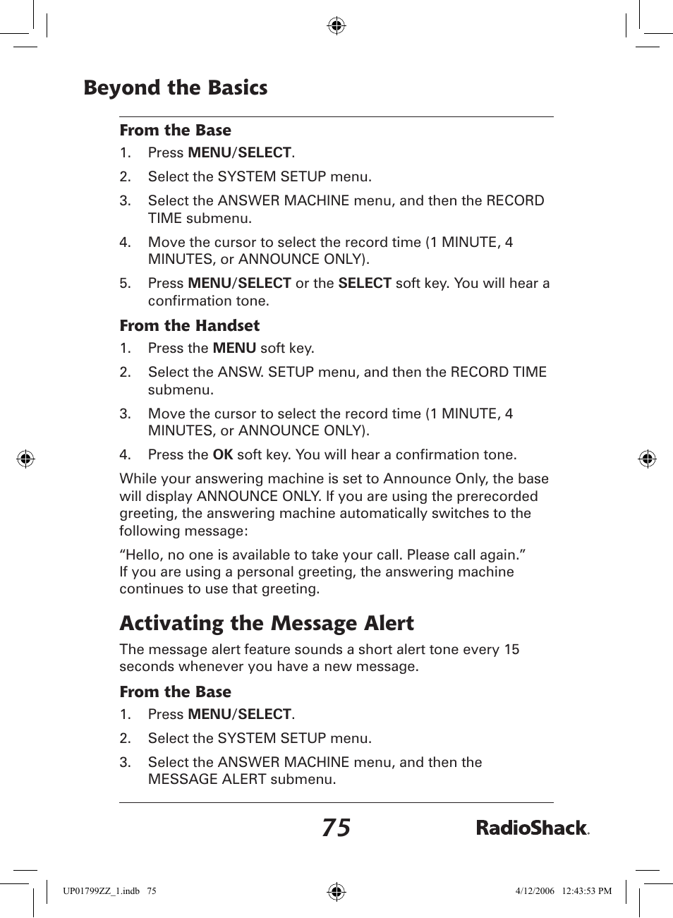 Beyond the basics, Activating the message alert | Radio Shack 43-5862 User Manual | Page 75 / 96