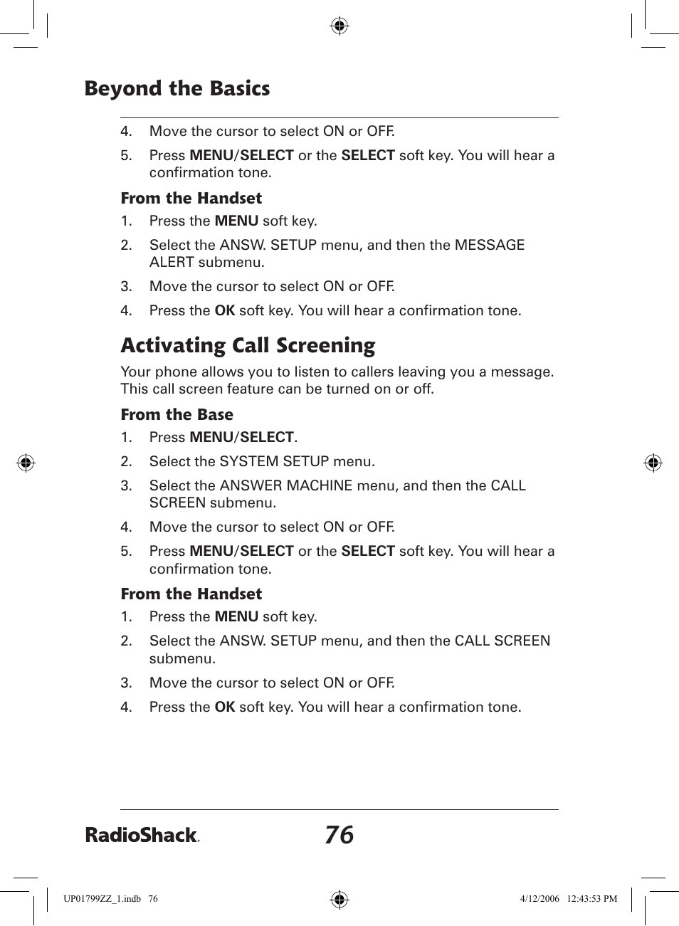 Beyond the basics, Activating call screening | Radio Shack 43-5862 User Manual | Page 76 / 96