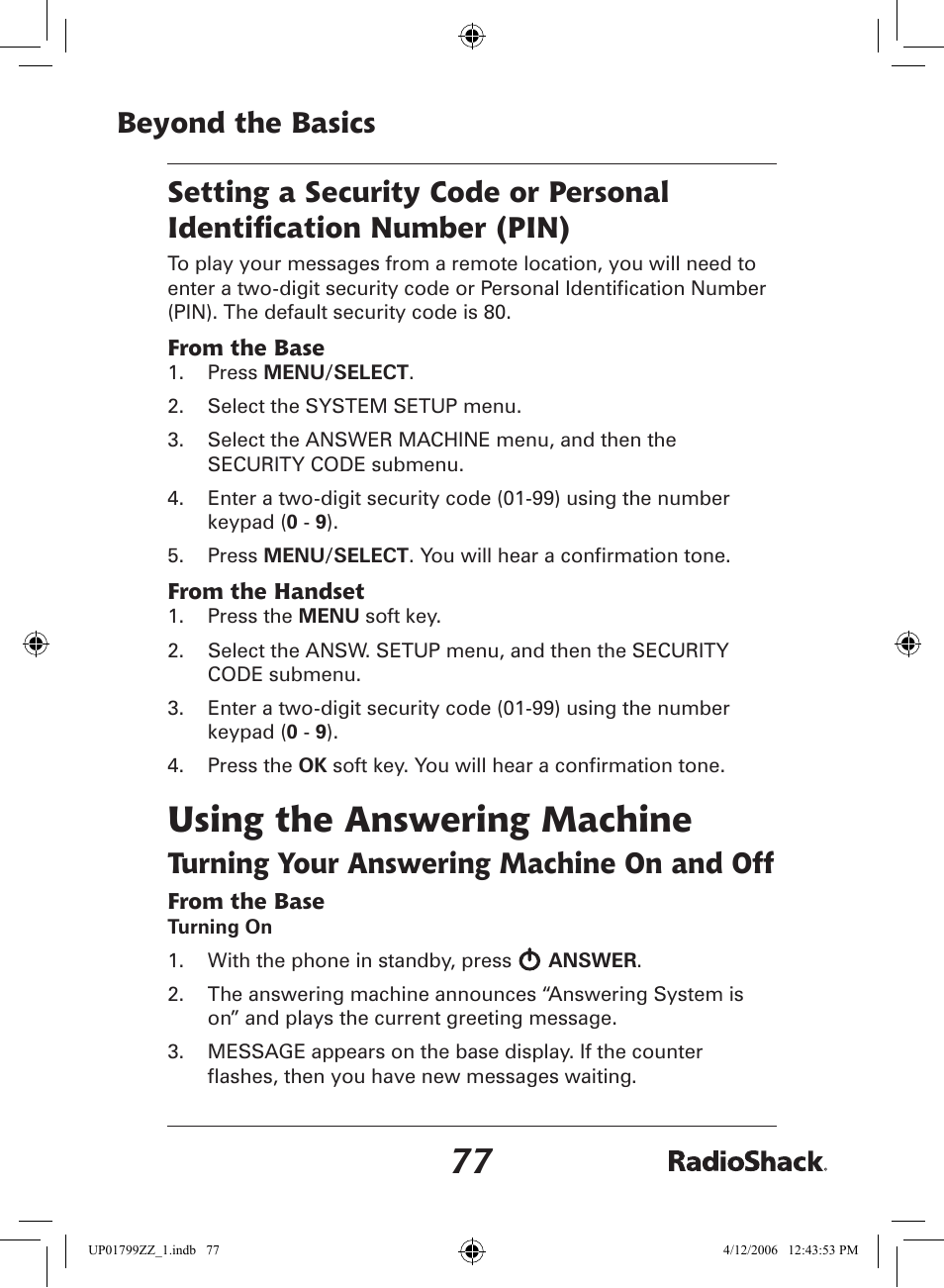 Using the answering machine, Turning your answering machine on and off | Radio Shack 43-5862 User Manual | Page 77 / 96