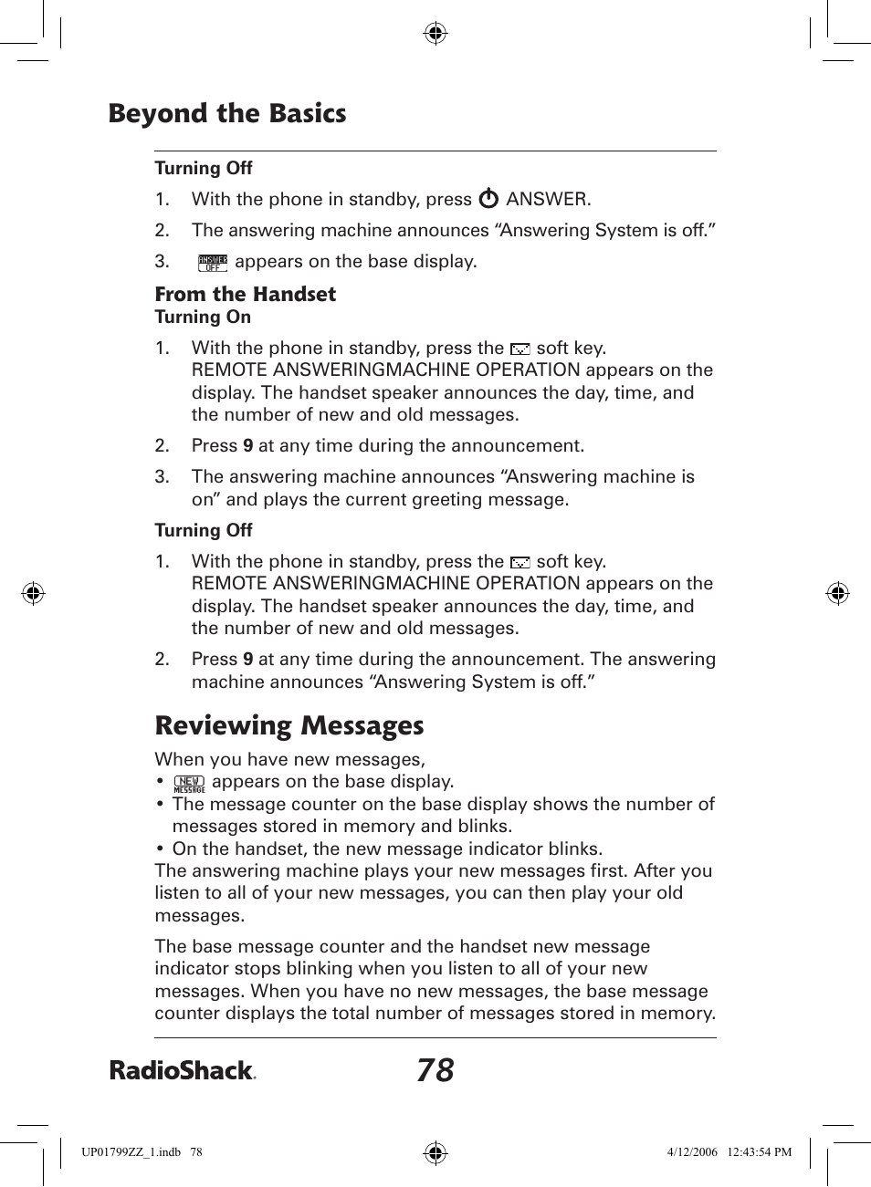 Beyond the basics, Reviewing messages | Radio Shack 43-5862 User Manual | Page 78 / 96