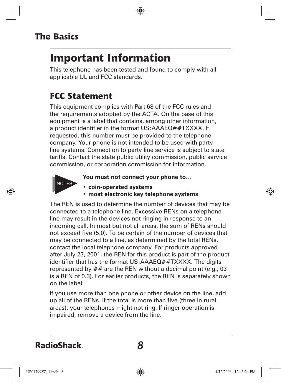 Important information, The basics, Fcc statement | Radio Shack 43-5862 User Manual | Page 8 / 96