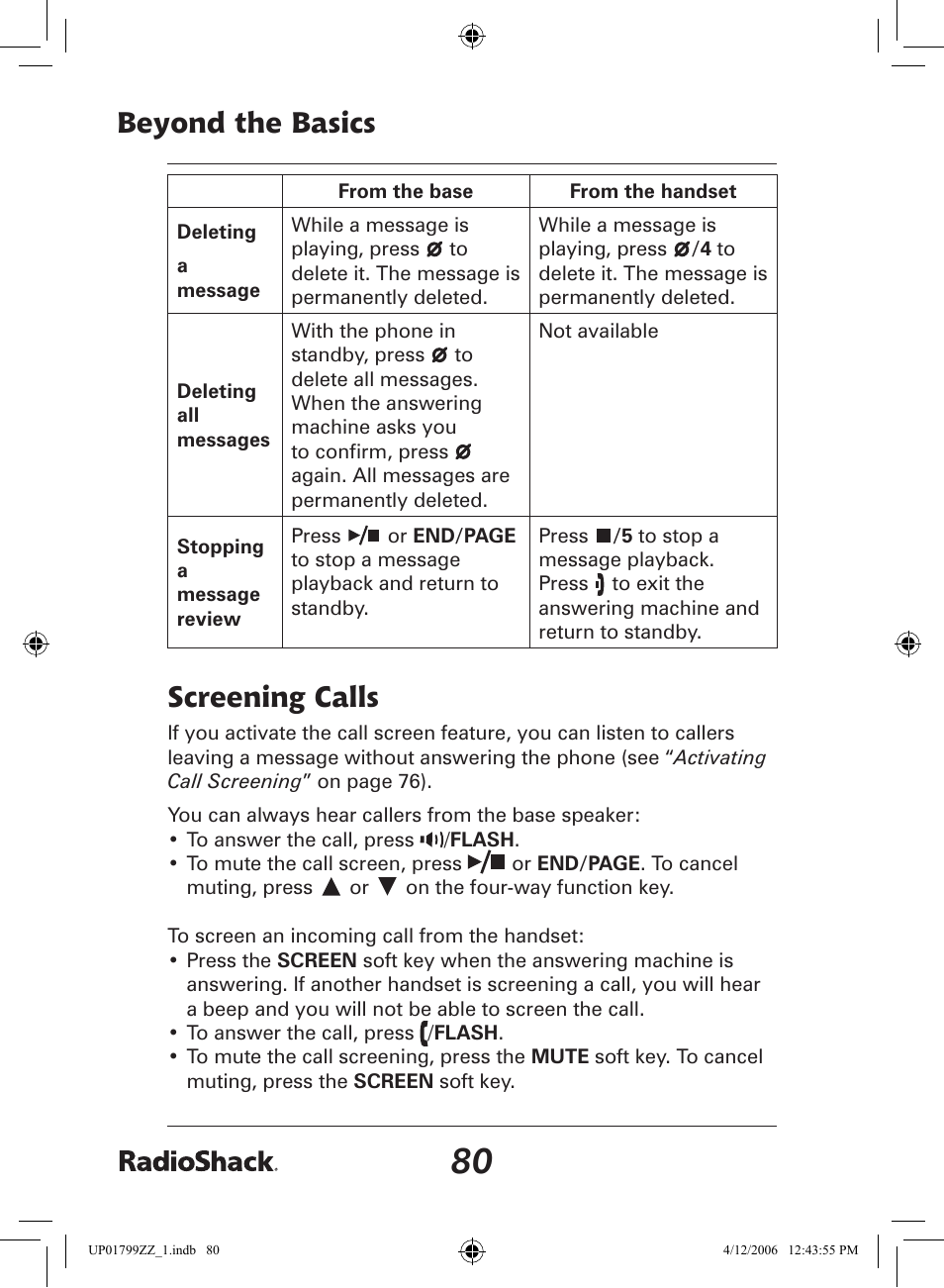 Beyond the basics, Screening calls | Radio Shack 43-5862 User Manual | Page 80 / 96