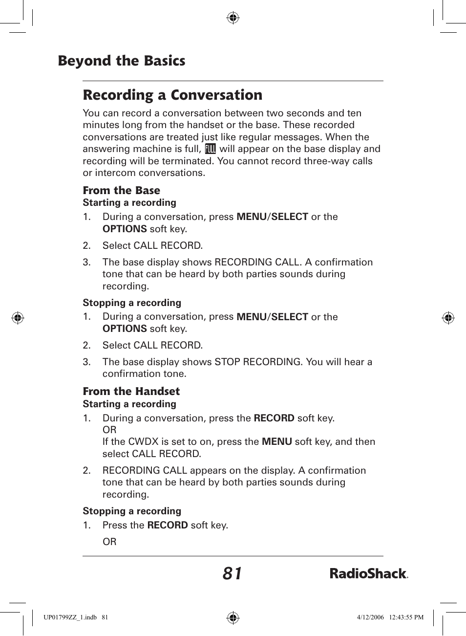 Beyond the basics recording a conversation | Radio Shack 43-5862 User Manual | Page 81 / 96