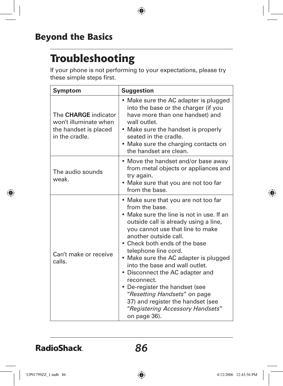 Troubleshooting, Beyond the basics | Radio Shack 43-5862 User Manual | Page 86 / 96