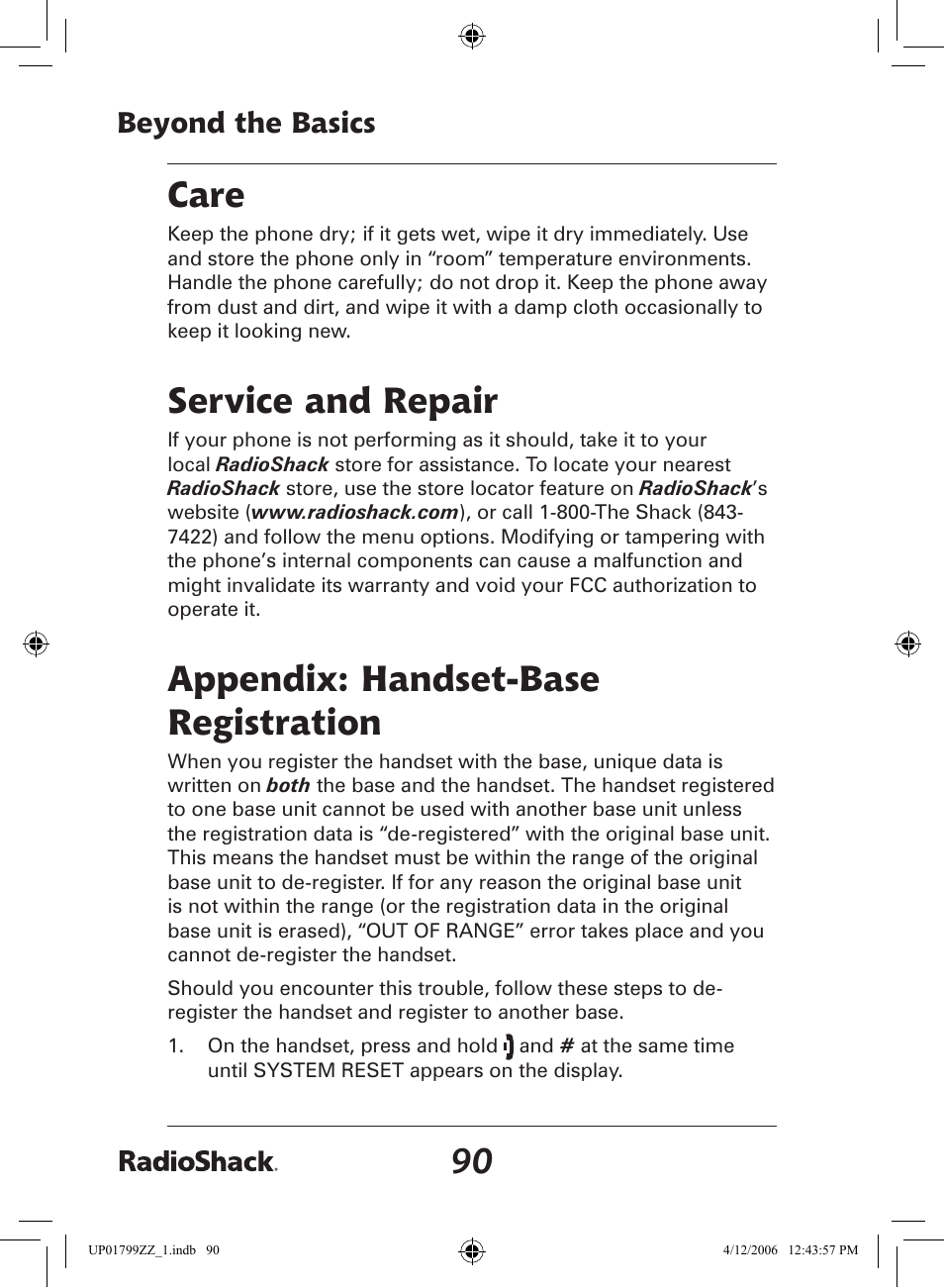 0 care, Service and repair, Appendix: handset-base registration | Beyond the basics | Radio Shack 43-5862 User Manual | Page 90 / 96