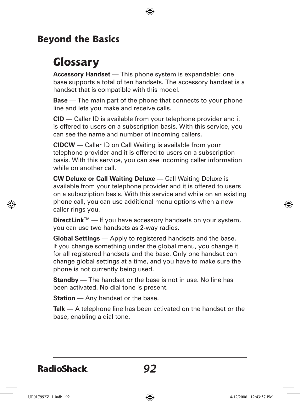 Glossary, Beyond the basics | Radio Shack 43-5862 User Manual | Page 92 / 96