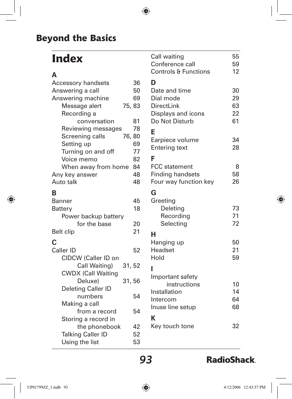 Index, Beyond the basics | Radio Shack 43-5862 User Manual | Page 93 / 96