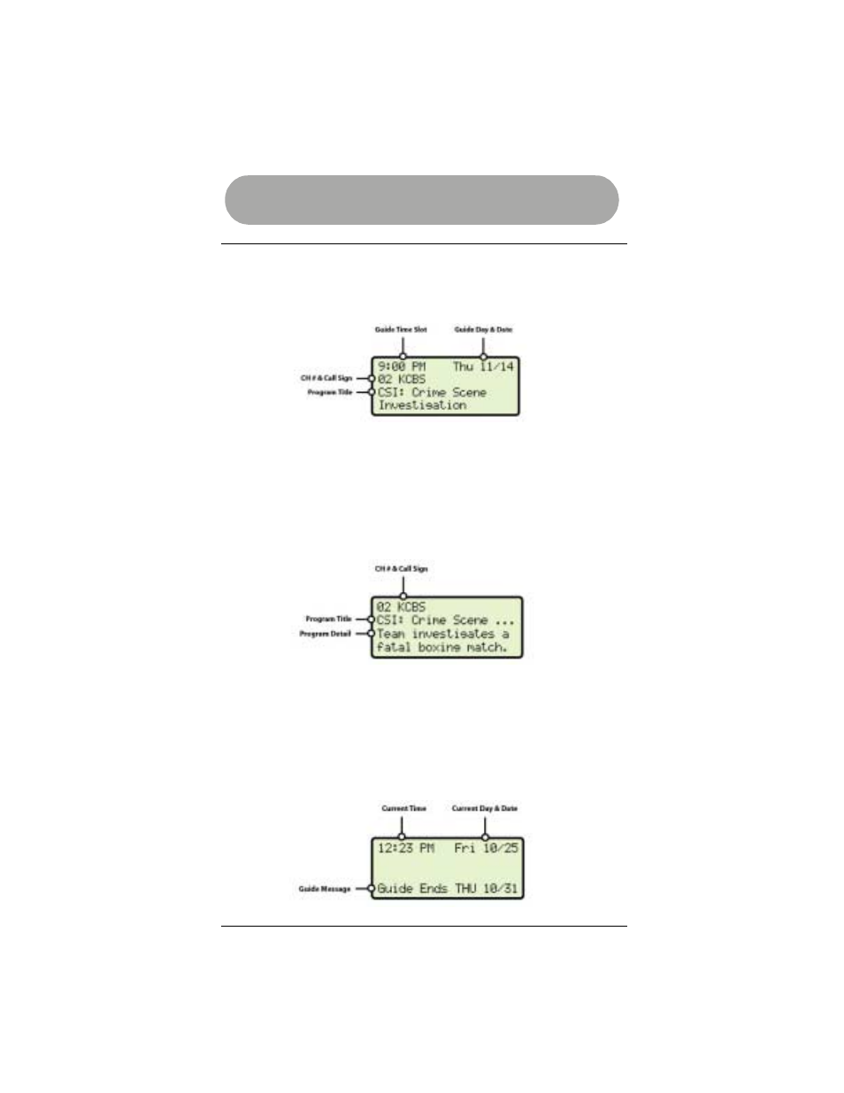 Title screen, Detail screen, Guide expiration | Using the guide | Radio Shack 15-2130 User Manual | Page 26 / 49