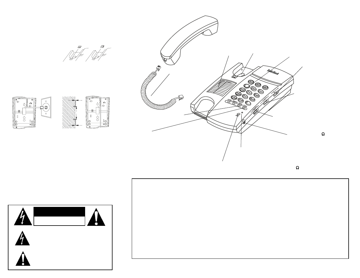 Caution, Mounting the phone using the phone, Wall mounting (with or without a wall plate) | Desktop mounting | Radio Shack 43-1301 User Manual | Page 2 / 2