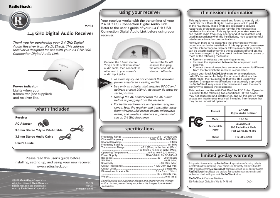 Radio Shack 15-124 User Manual | 1 page