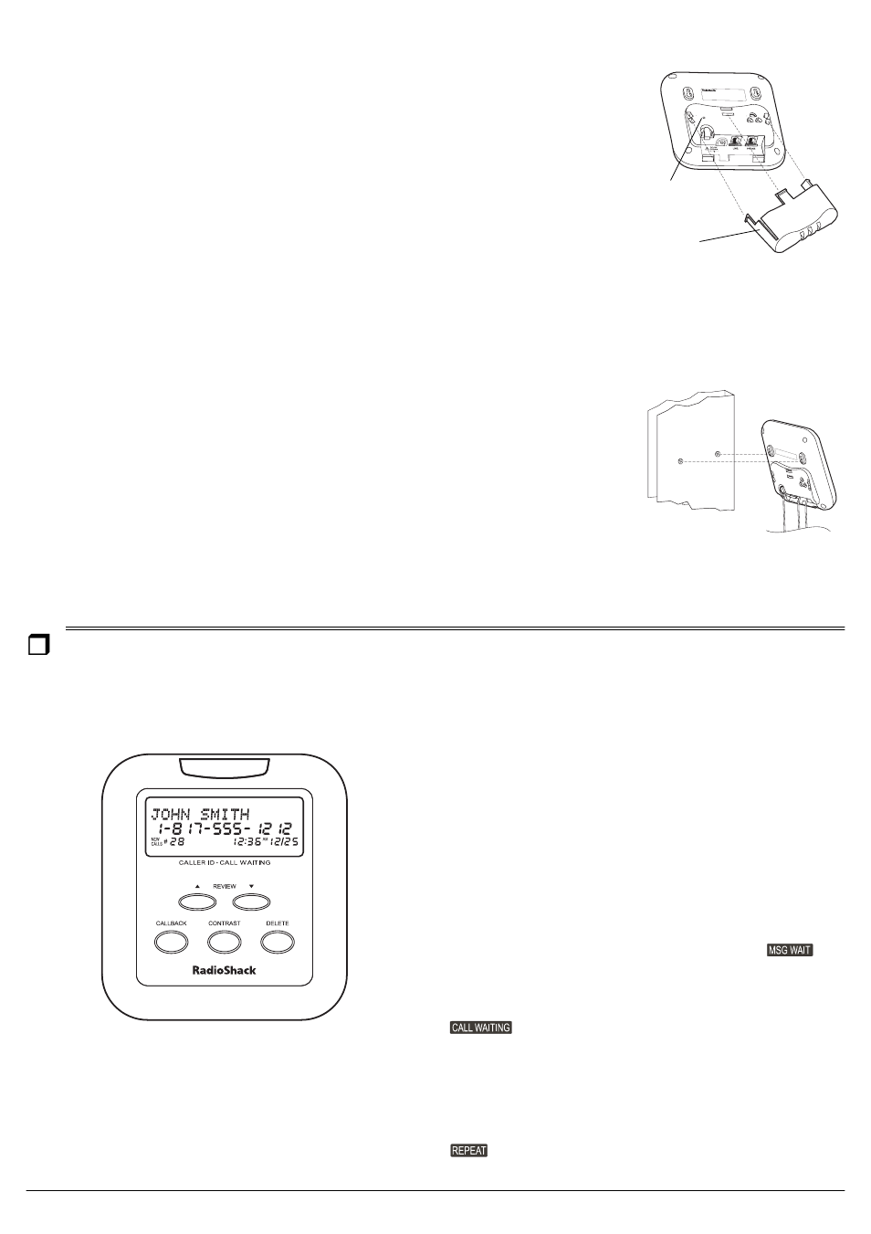 Operation, Resetting the cid, Mounting the cid | Adjusting the display contrast, Receiving and storing calls | Radio Shack CID-944 User Manual | Page 3 / 6