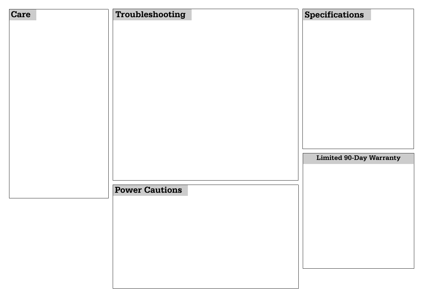 Specifications, Care troubleshooting power cautions, Limited 90-day warranty | Radio Shack 16-3009 User Manual | Page 2 / 2