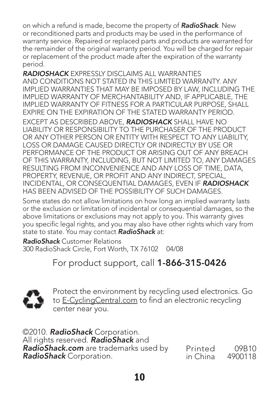 Radio Shack Wireless Key-Lock Door/Window Alarm 49-118 User Manual | Page 10 / 10