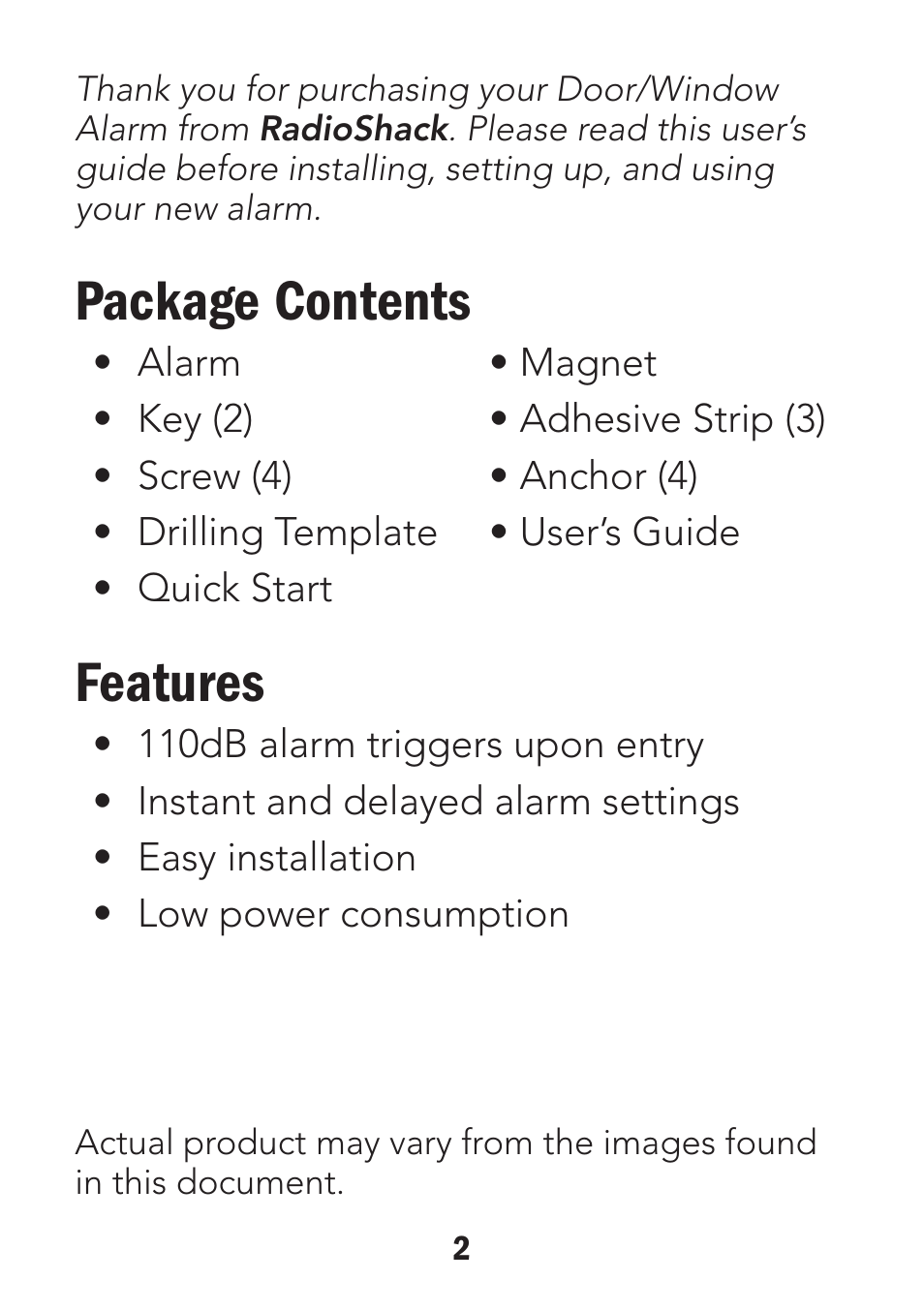 Package contents, Features | Radio Shack Wireless Key-Lock Door/Window Alarm 49-118 User Manual | Page 2 / 10