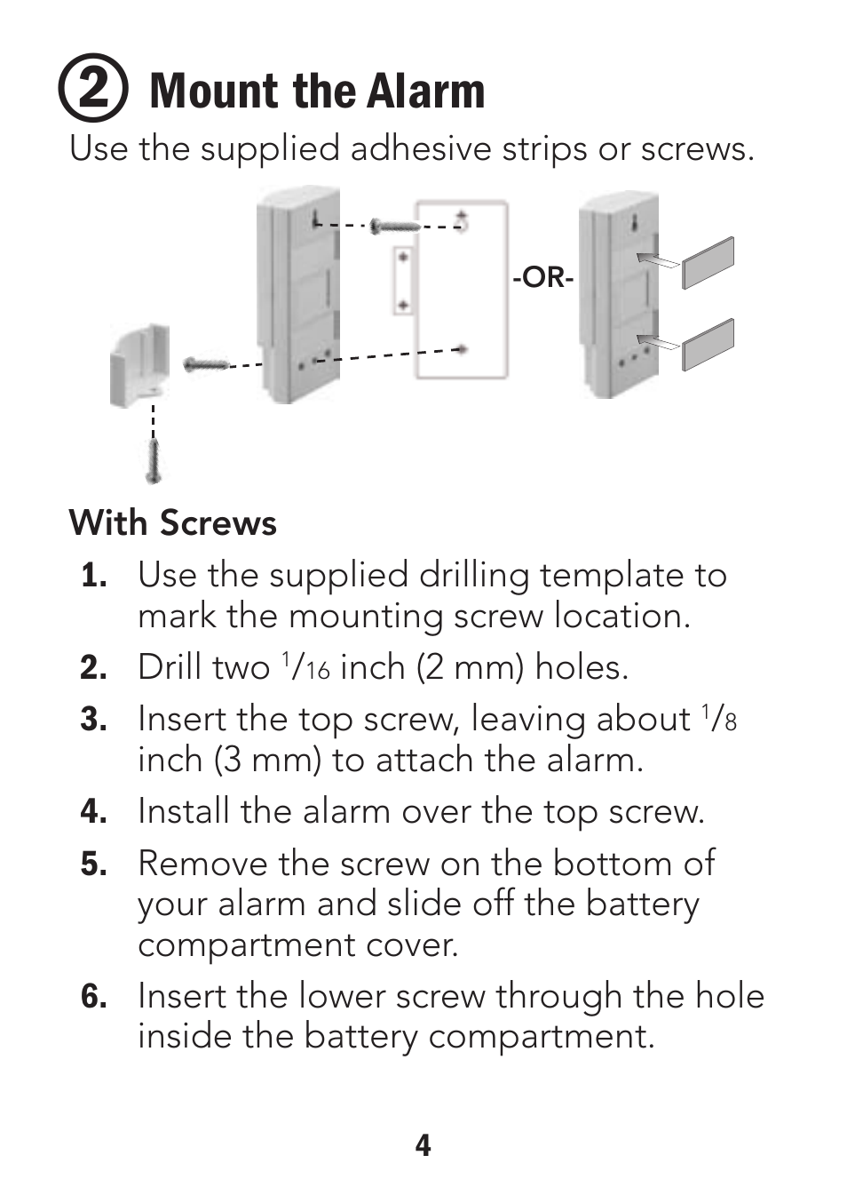 Mount the alarm | Radio Shack Wireless Key-Lock Door/Window Alarm 49-118 User Manual | Page 4 / 10