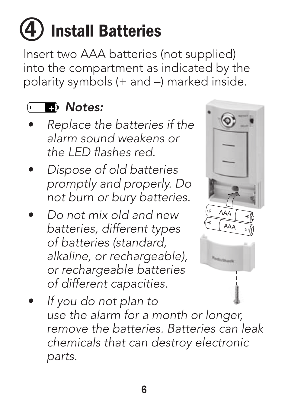 Install batteries | Radio Shack Wireless Key-Lock Door/Window Alarm 49-118 User Manual | Page 6 / 10