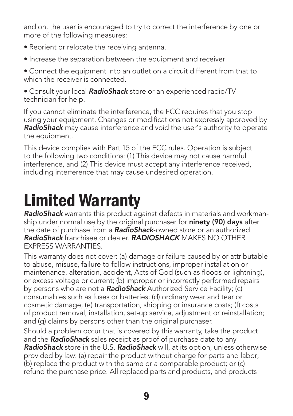 Limited warranty | Radio Shack Wireless Key-Lock Door/Window Alarm 49-118 User Manual | Page 9 / 10