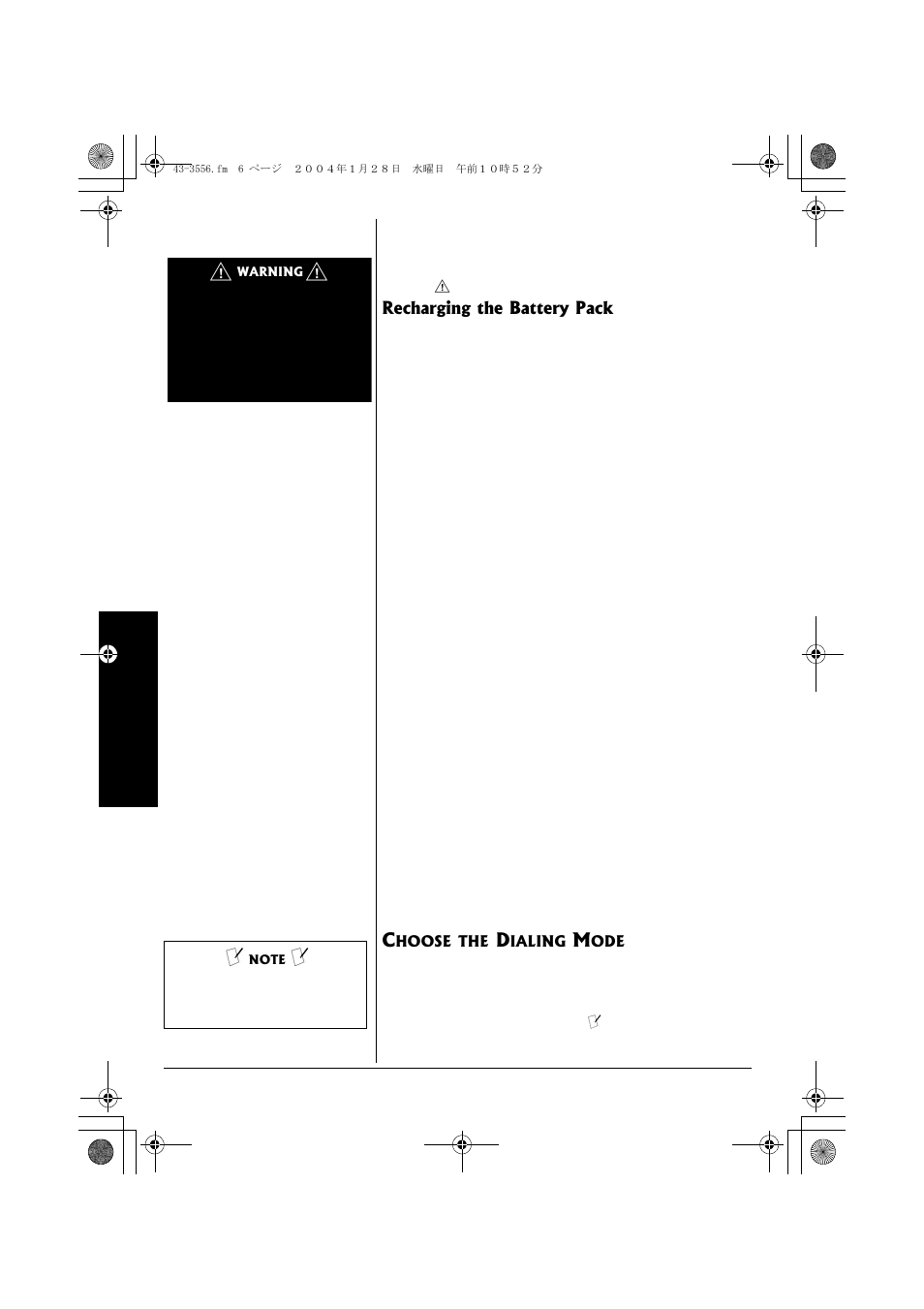 Recharging the battery pack, Choose the dialing mode | Radio Shack 43-3546 User Manual | Page 6 / 12