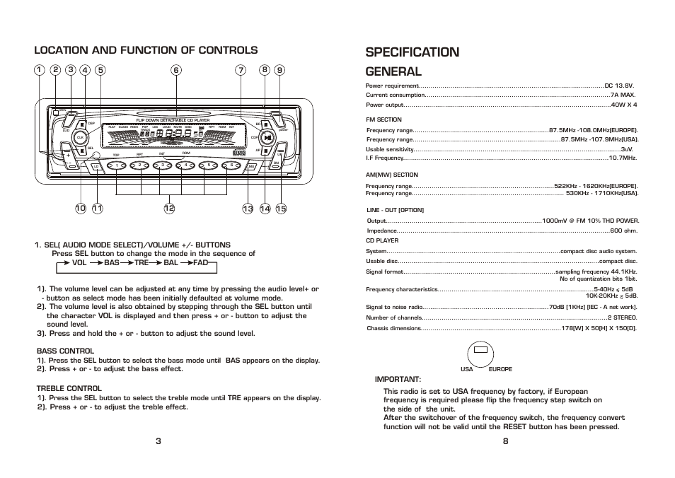 Specification, General, Location and function of controls | Radio Shack PLCD34 User Manual | Page 4 / 6