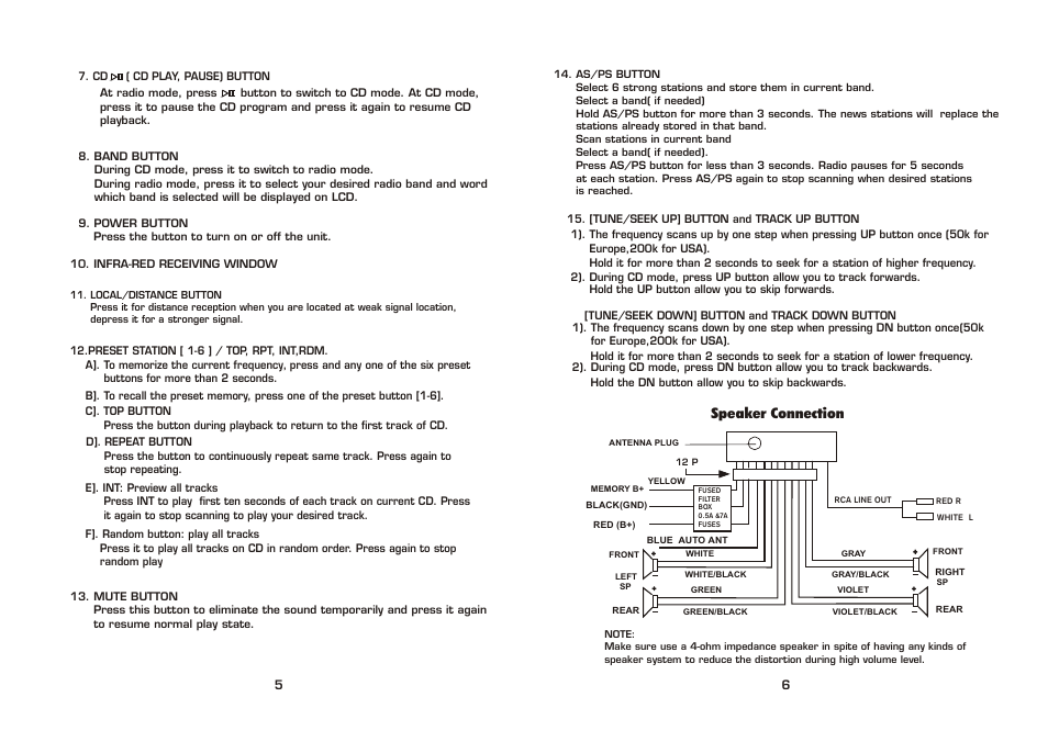 Speaker connection | Radio Shack PLCD34 User Manual | Page 6 / 6