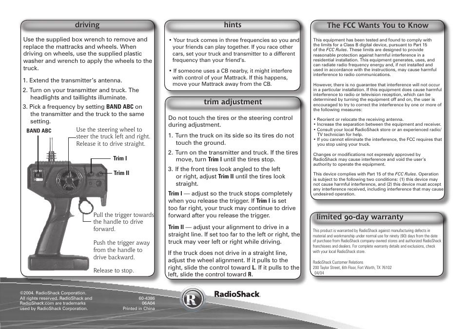 The fcc wants you to know, Limited 90-day warranty, Hints | Driving, Trim adjustment | Radio Shack F-350 User Manual | Page 2 / 2